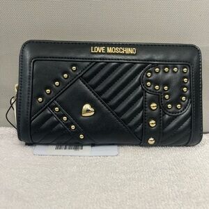Love Moschino Black Gold Heart Studded Zip Wallet NWT
